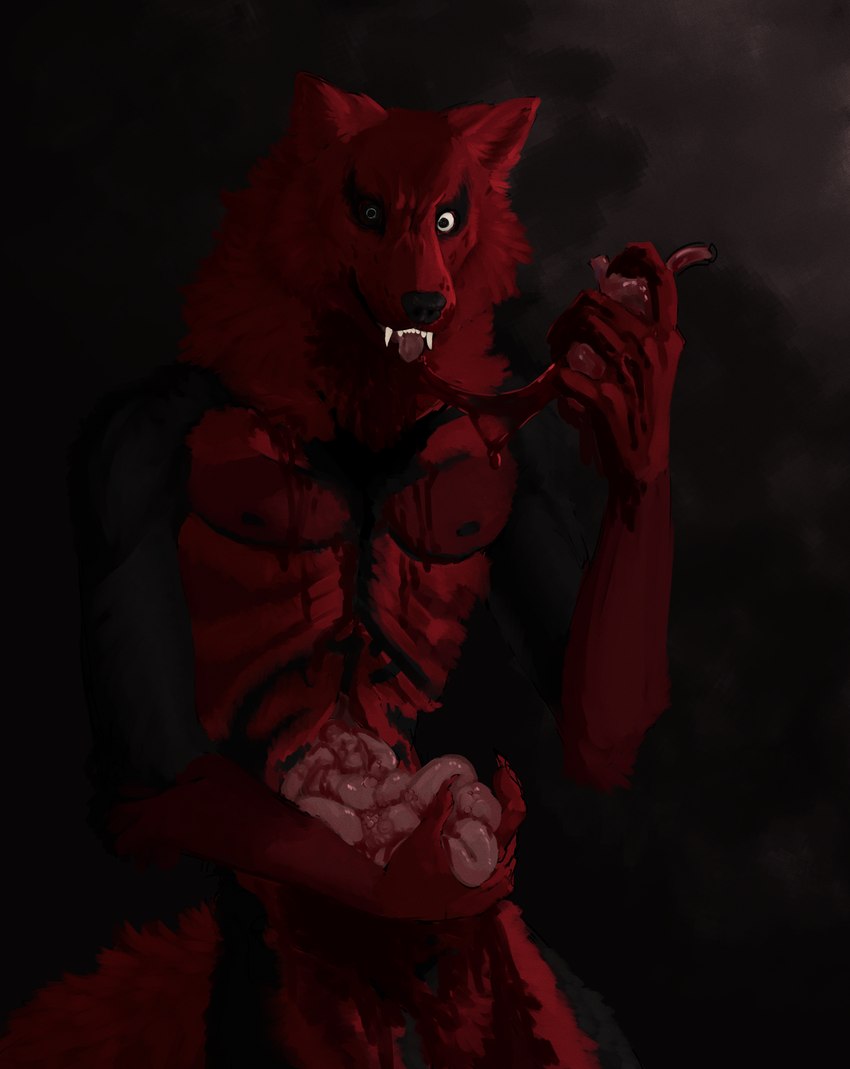 anthro autocannibalism black_body black_fur blood blood_on_face blood_on_fur blood_on_hand blood_splatter bodily_fluids cannibalism disembowelment fur gore guts intestines male nipples organs red_body red_fur rib_cage smile solo tongue tongue_out vivisection cricketkisses freshly_uprooted canid canine canis mammal wolf absurd_res hi_res