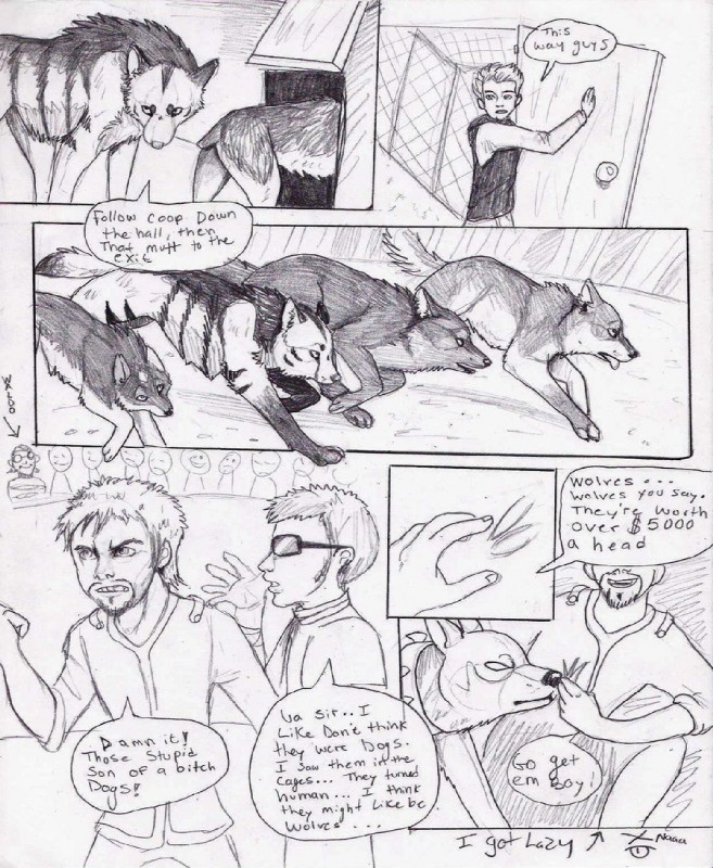 ambiguous_gender clothed clothing dialogue digitigrade feral fur group male quadruped tail text natsumewolf rikku wolf's_rain wolf's_rain_next_generation coop_(wrng) natsume_(wrng) oz_(wrng) canid canine canis human mammal wolf comic english_text graphite_(artwork) greyscale monochrome traditional_media_(artwork)