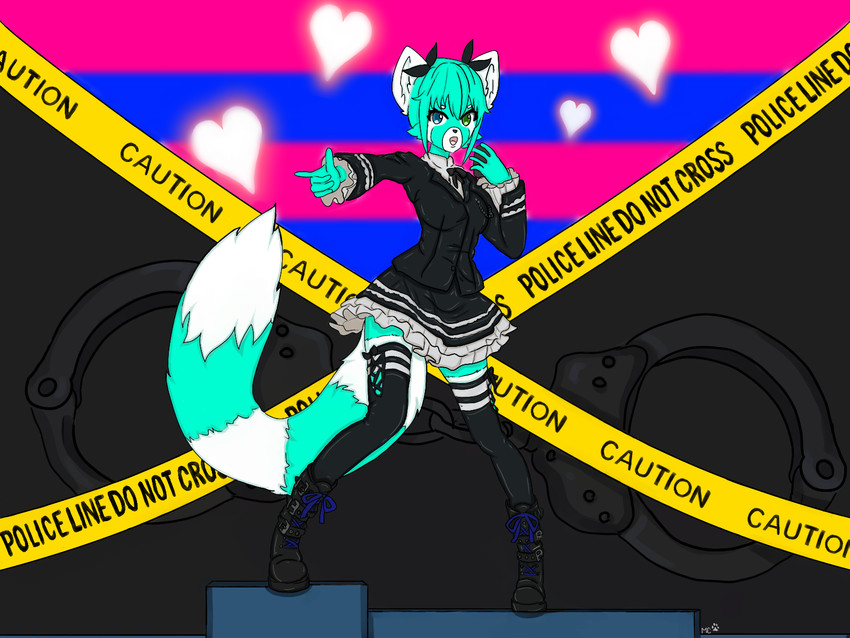 anthro barricade_tape boots bottomwear caution_tape clothing cosplay costume cuff_(restraint) female footwear gesture hand_gesture handcuffs heart_symbol legwear metal_cuffs pointing pointing_at_viewer restraints shirt shoes skirt solo standing thigh_highs topwear mimechan project_diva vocaloid hatsune_miku mime_(mimechan) ailurid mammal red_panda 4:3 hi_res