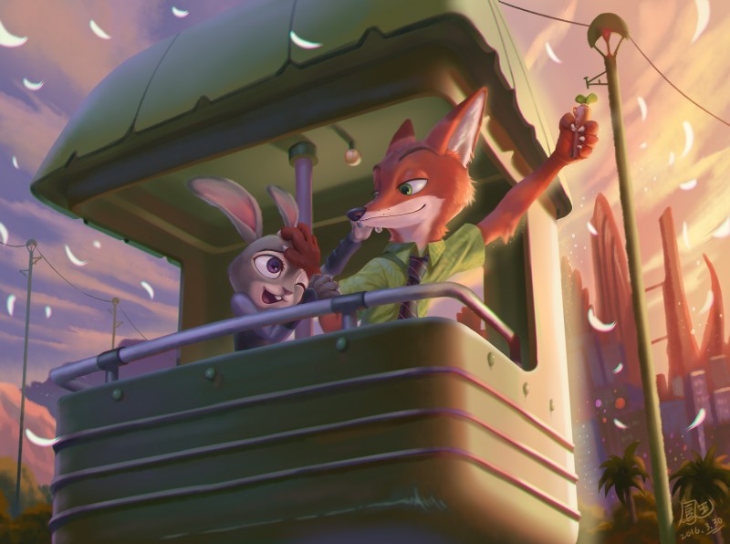 anthro buckteeth carrot clothing cloud day detailed_background duo female food fur grey_body grey_fur male orange_body orange_fur outside pen plant police police_uniform sky teeth uniform vegetable ho-oh_(artist) disney zootopia judy_hopps nick_wilde canid canine fox lagomorph leporid mammal rabbit red_fox true_fox 2016 digital_media_(artwork) hi_res