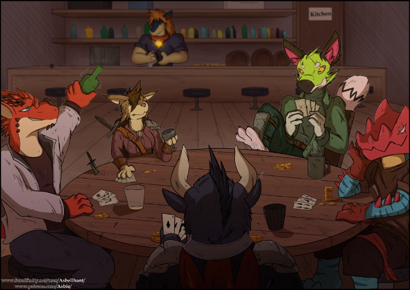 alcohol anthro armor bar beverage black_border blue_eyes border clothing coin detailed_background furniture gloves handwear inside jacket poker shirt table topwear yellow_eyes asbel_lhant conditional_dnp capcom monster_hunter nintendo pokemon asbie alien bovid bovine cattle druddigon felid feline flying_wyvern generation_2_pokemon generation_5_pokemon lynx mammal pokemon_(species) quilava rath_wyvern rathalos 2019