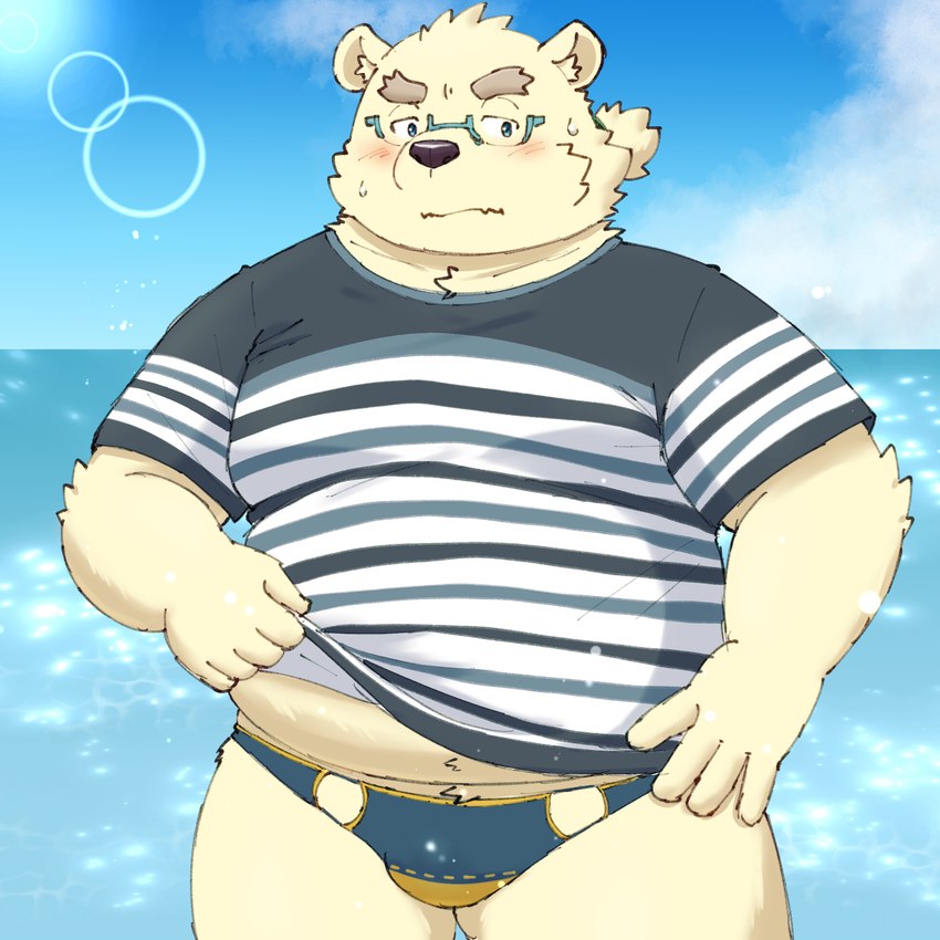 anthro belly big_belly blush bulge clothing eyewear glasses humanoid_hands kemono male outside overweight overweight_male shirt solo swimwear topwear water yaki_atsuage lifewonders tokyo_afterschool_summoners leib_(tas) bear mammal polar_bear ursine 1:1 2023 hi_res