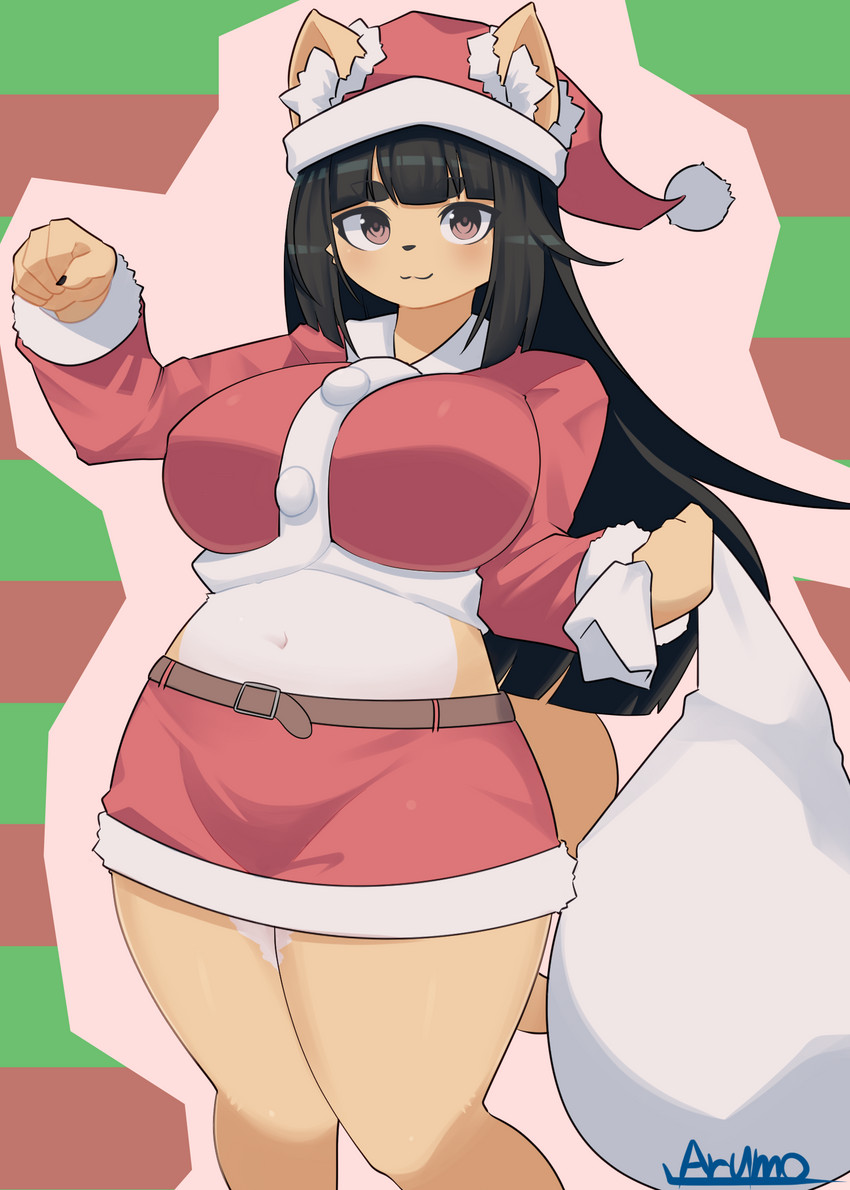 anthro big_breasts black_hair black_nose blush breasts countershading female female_anthro hair holidays kemono looking_at_viewer navel simple_background smile solo white_body white_countershading wide_hips yellow_body arumo christmas komena_akamori canid canine fox mammal 2020 hi_res