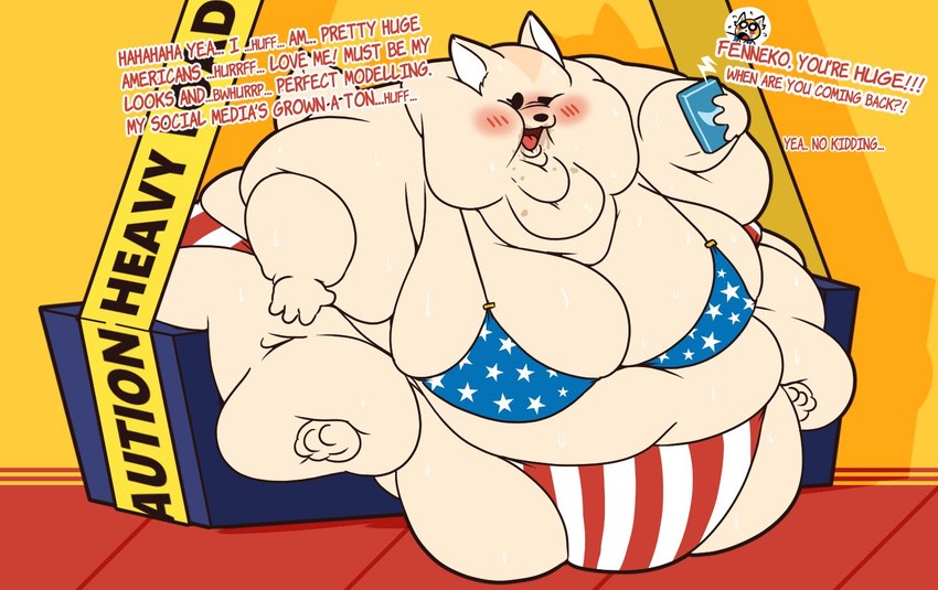 american_flag_bikini anthro asking asking_another asking_when big_breasts bikini bodily_noises breasts breath breathing_noises burping cellphone clothed clothing derived_sound_effect describing_size dialogue dialogue_with_sound_effects different_sound_effects electronics exclamation_point expression_avatar extended_sound_effect female flag_bikini flag_clothing holidays huge_breasts interrupted_by_reaction interrupted_speech laugh lifted morbidly_obese morbidly_obese_female name_drop name_in_dialogue obese obese_female onomatopoeia overweight overweight_female patriotic_clothing phone phone_call question question_mark simple_background skimpy skimpy_bikini smartphone solo sound_effect_variant sound_effects swimwear talking_to_another text two-piece_swimsuit united_states_of_america vocalization weight_gain yellow_background fawxen 4th_of_july aggretsuko sanrio fenneko retsuko canid canine fennec_fox fox mammal true_fox digital_media_(artwork) english_text