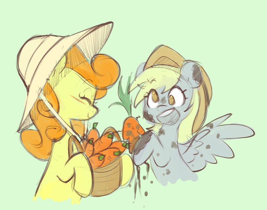 basket blonde_hair carrot clothing container duo eyes_closed female feral food green_background hair hat headgear headwear mud orange_hair plant simple_background vegetable wings yellow_body yellow_eyes doodlemark friendship_is_magic hasbro my_little_pony mythology carrot_top_(mlp) derpy_hooves_(mlp) earth_pony equid equine horse mammal mythological_creature mythological_equine pegasus pony absurd_res hi_res