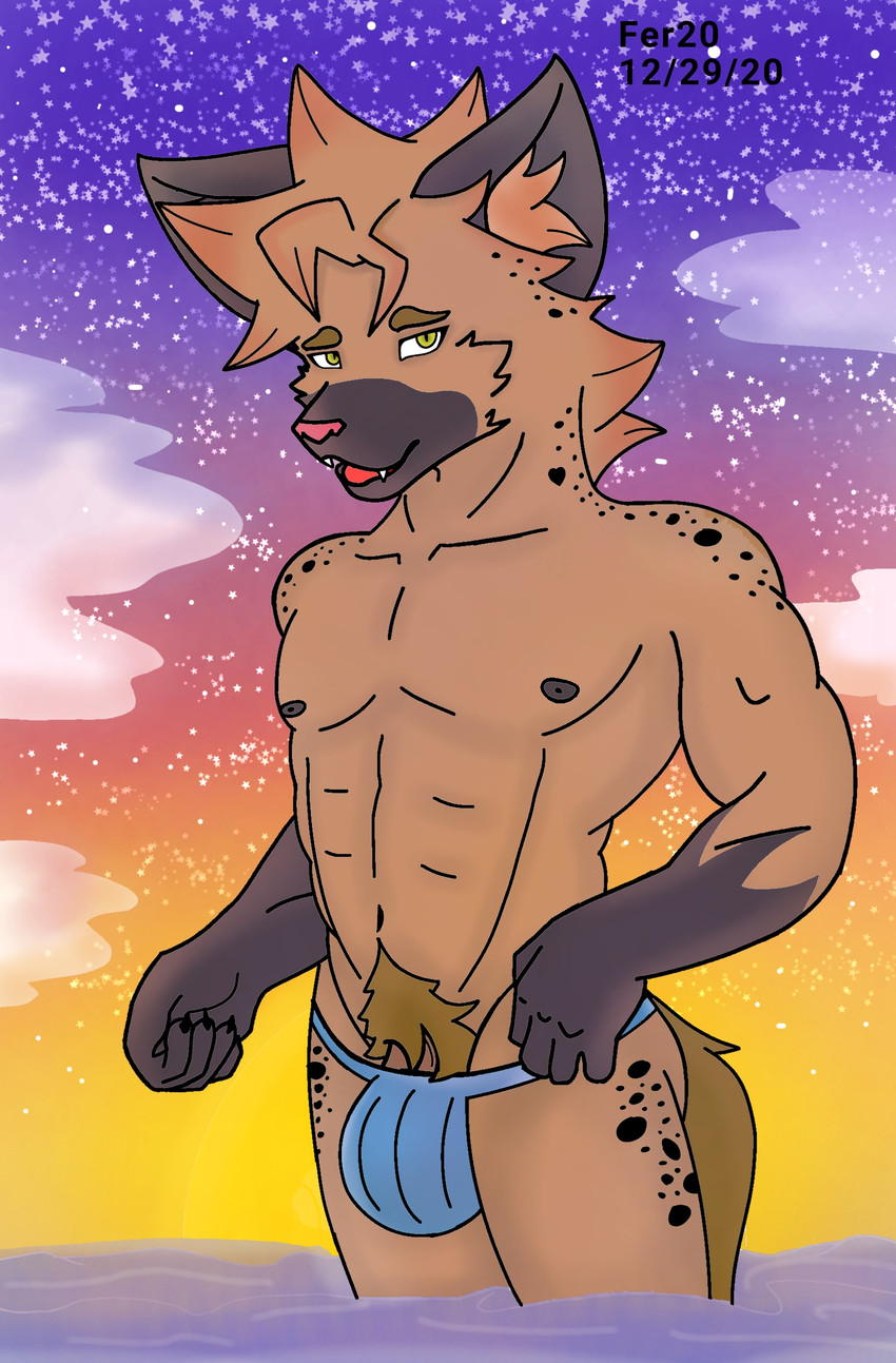 anthro biped black_outline blue_bottomwear blue_clothing bottomwear brown_body bulge clothing male outline partially_submerged sky solo standing star starry_sky sunset fer hyena mammal spotted_hyena absurd_res digital_media_(artwork) hi_res portrait three-quarter_portrait