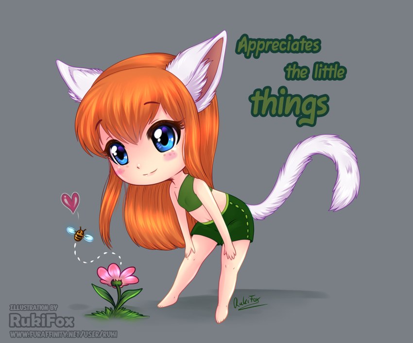 animal_ears animal_tail anthro barefoot blue_eyes chibi clothing feet female flower head_hair plant solo rukifox honey_(rukifox) arthropod bee domestic_cat felid feline felis humanoid hymenopteran insect mammal