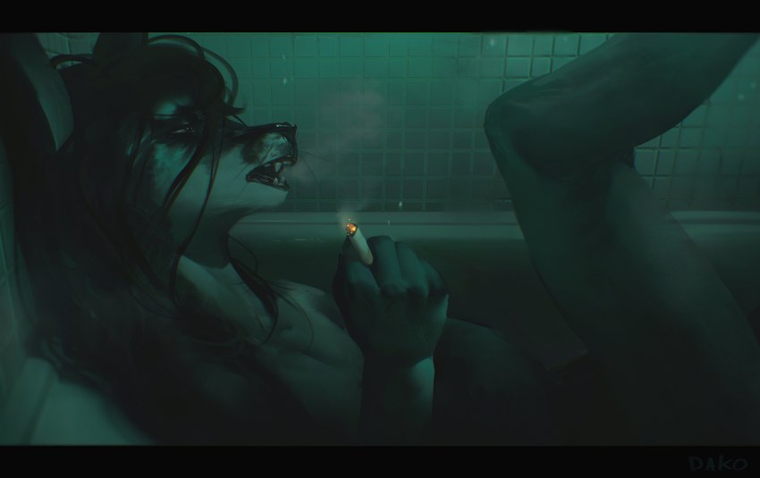 anthro bathtub black_hair black_nose breasts cigarette dark fangs female female_anthro hair hair_between_eyes half-closed_eyes holding_cigarette holding_object inside long_hair messy_hair narrowed_eyes nude open_mouth realistic side_view smoke smoking snout teeth text water wet_hair whiskers dakoten canid canine mammal absurd_res artist_name chromatic_aberration hi_res letterbox