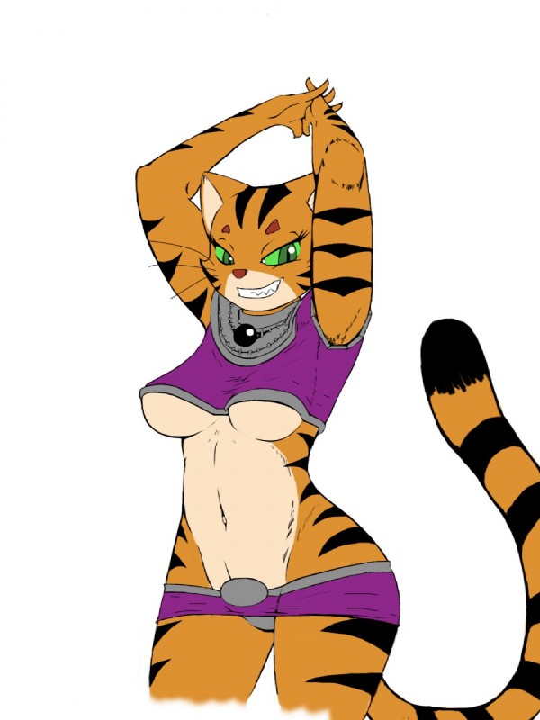 alternate_species anthro anthrofied arms_above_head biped breasts clothed clothing female fur furrification green_eyes looking_at_viewer midriff navel panties raised_arm simple_background skimpy solo standing stripes under_boob underwear white_background wide_hips rheumatism cartoon_network dc_comics teen_titans teen_titans_(television_series) cat_starfire starfire_(teen_titans) felid mammal pantherine tiger 3:4 hi_res