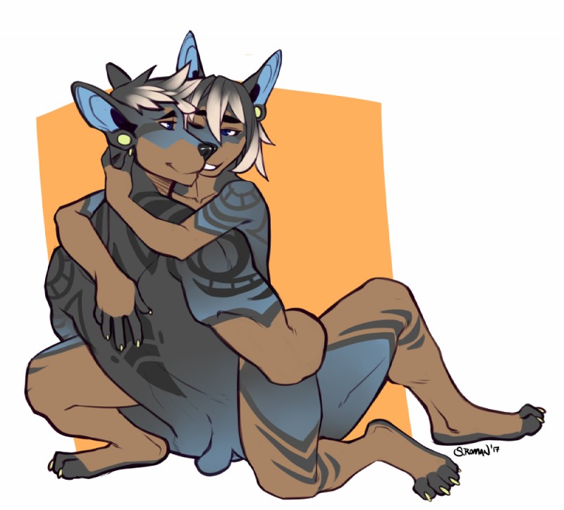 anthro cuddling duo female hair hug intraspecies male male/female markings muscular nude one_eye_closed selfcest simple_background smile square_crossover faint slayte canid canine canis dobermann domestic_dog mammal pinscher