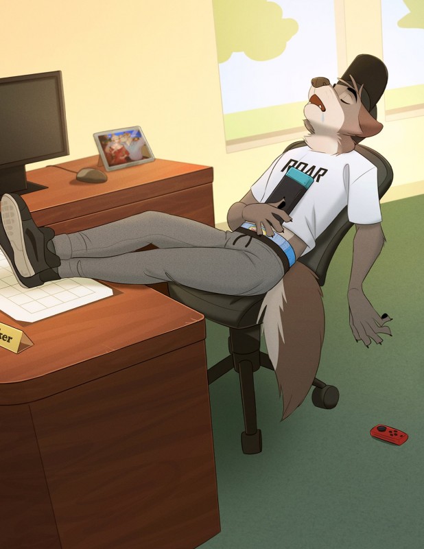 anthro bodily_fluids bottomwear chair clean_diaper clothed clothing computer controller desk diaper drooling electronics furniture game_console game_controller hat headgear headwear open_mouth pants pull-ups_(diaper) saliva shirt sleeping solo sweatpants table thin_diaper topwear wearing_diaper colt3n nintendo nintendo_switch brooks_(colt3n) canid canine canis mammal wolf hi_res