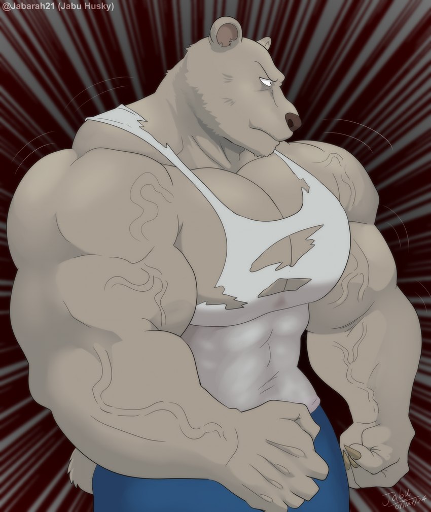 abs anthro big_biceps big_muscles bottomwear brown_body claws clothed clothing flexing huge_muscles male muscular muscular_anthro muscular_arms muscular_male pants pecs shirt simple_background solo tank_top topwear torn_clothing torn_topwear vein veiny_muscles jabuhusky beastars riz_(beastars) bear brown_bear mammal ursine 2024 hi_res signature