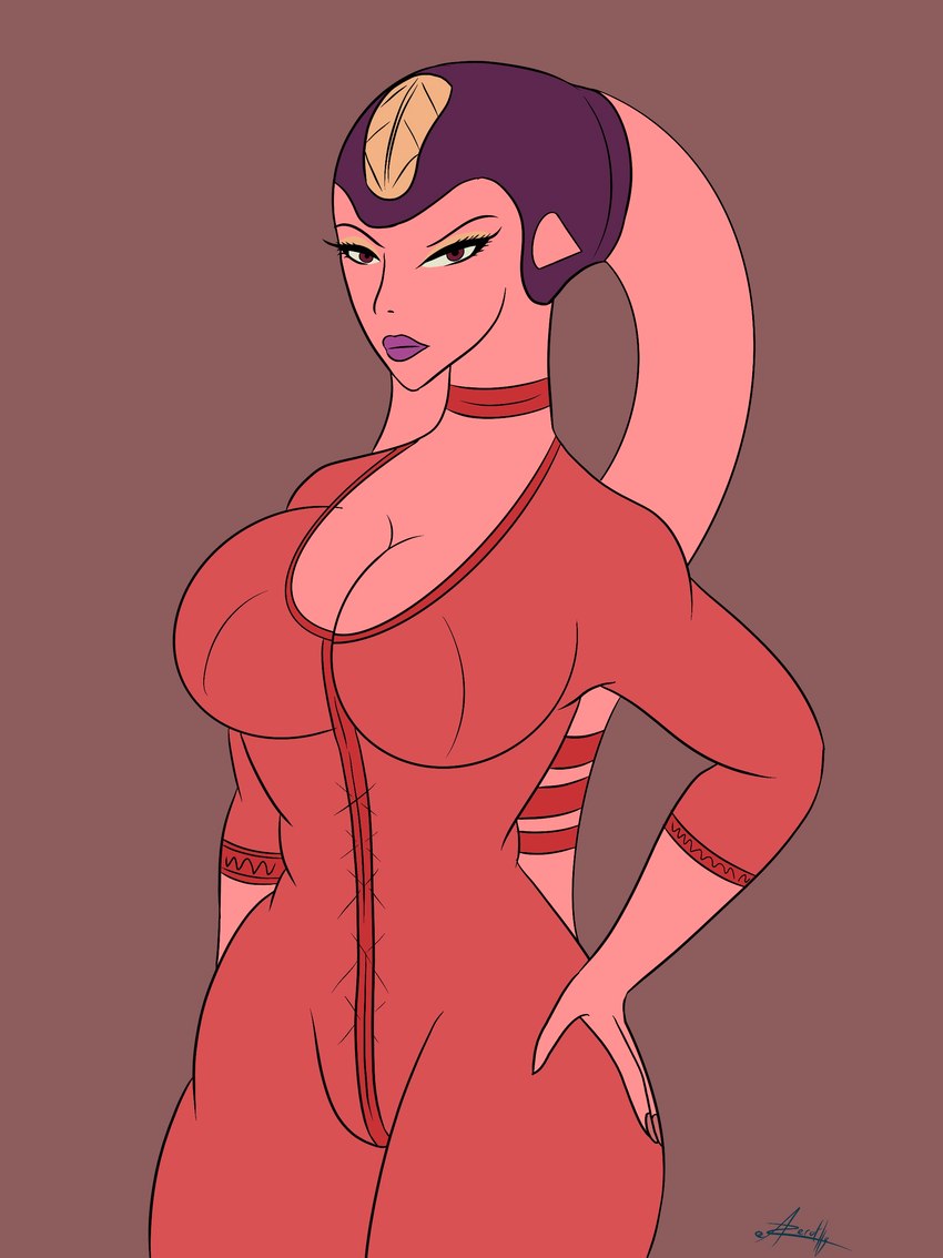 big_breasts big_female breasts brown_background brown_eyes choker cleavage clothed clothed_female clothed_humanoid clothing female female_humanoid jewelry looking_at_viewer necklace not_furry pink_body pose red_jumpsuit simple_background solo standing three-quarter_view panthra78 star_wars alien alien_humanoid humanoid twi'lek absurd_res digital_drawing_(artwork) digital_media_(artwork) flat_colors hi_res portrait signature three-quarter_portrait