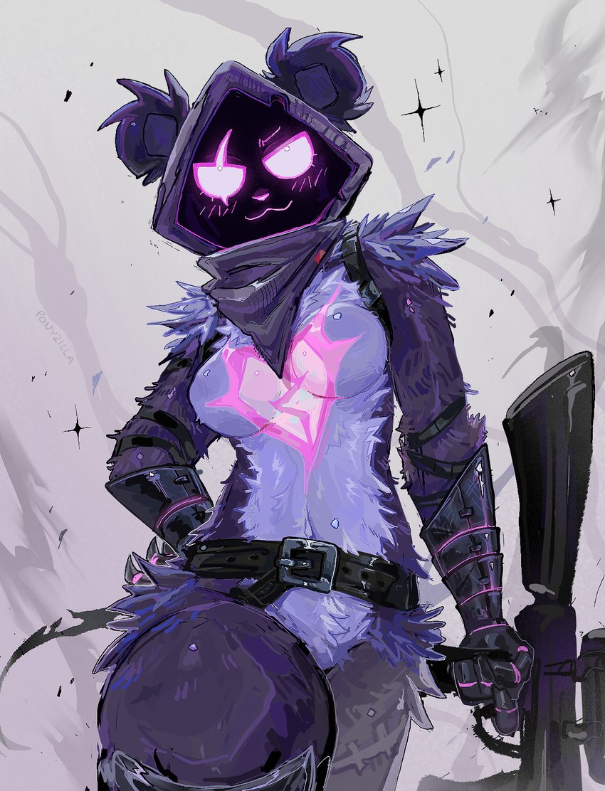 anthro armor bear_ears belt breasts clothing confident eye_scar facial_scar featureless_breasts featureless_crotch female fluffy gauntlets gloves gun handwear heart_symbol kerchief looking_at_viewer navel purple_body ranged_weapon scar smile smirk smoke solo thick_thighs weapon wide_hips ponyzilla epic_games fortnite raven_team_leader humanoid hi_res