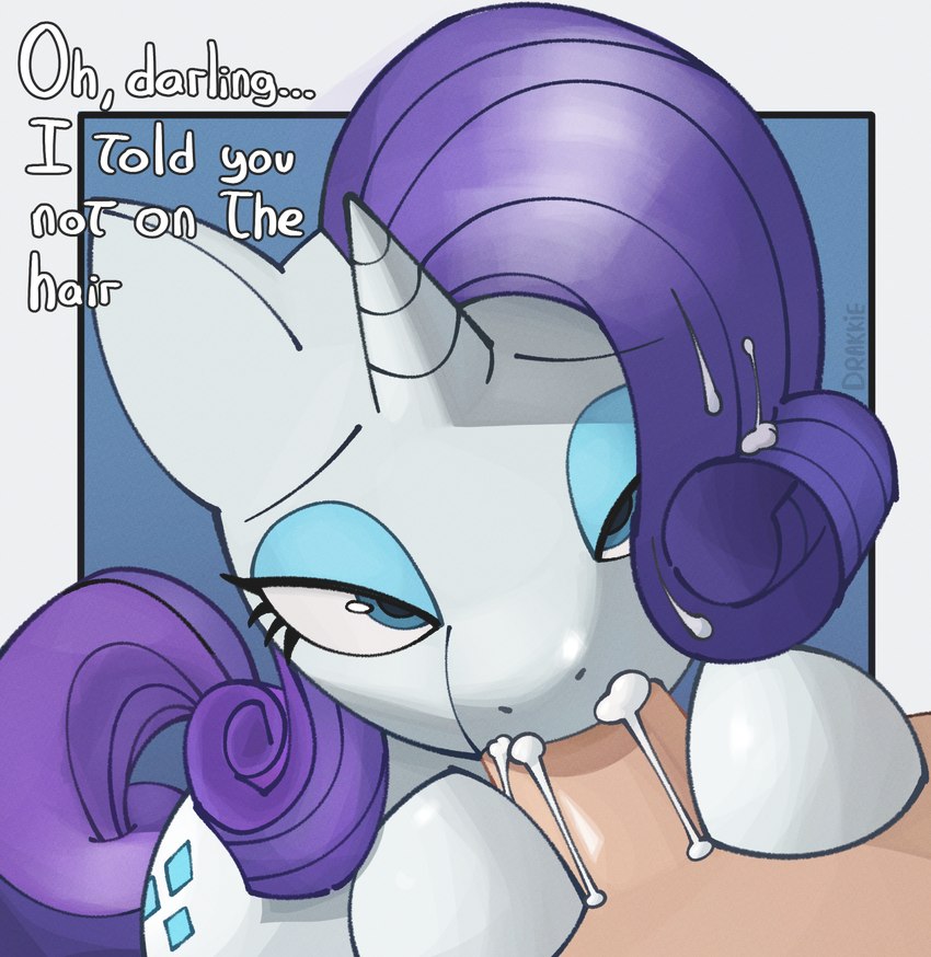 bodily_fluids cum cum_in_hair cum_on_face cutie_mark duo fellatio female feral genital_fluids genitals hair humanoid_genitalia humanoid_genitalia_on_feral male male/female oral penile purple_hair sex simple_background drakkie friendship_is_magic hasbro my_little_pony rarity_(mlp) equid equine horse mammal pony hi_res