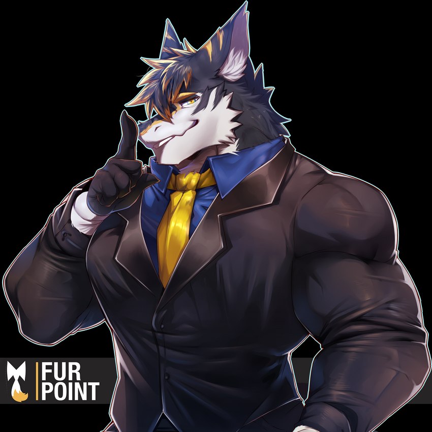 anthro big_muscles black_body black_fur black_hair blonde_hair blue_clothing blue_shirt blue_topwear clothing fur gloves hair handwear male muscular muscular_anthro muscular_male necktie shirt solo topwear white_body yellow_eyes yellow_necktie booboo34 furpoint vortiganshine 1:1 alpha_channel hi_res