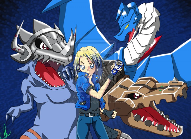 armor belt blonde_hair blue_background blue_eyes brown_eyes clothed clothing group hair headgear helmet horn machine male open_mouth simple_background teeth topwear vest yellow_eyes ranimationage bandai_namco digimon aonuma_kiriha deckerdramon digimon_(species) dinosaur greymon greymon_(2010_anime) human mailbirdramon mammal prehistoric_species reptile robot scalie theropod blue_theme cool_colors distracting_watermark watermark