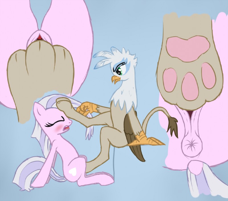 3_toes anthro anus beak blush claws cutie_mark duo eyes_closed feathered_wings feathers feet female female/female foot_fetish foot_on_face foot_play footjob fur genitals green_eyes hair multicolored_hair pink_body pink_fur pulling_hair pussy semi-anthro sex tail toe_claws toes touching_hair two_tone_hair vaginal vaginal_foot_play vaginal_footjob wings arrkhal hasbro my_little_pony mythology fan_character heartcall avian earth_pony equid equine gryphon horse mammal mythological_avian mythological_creature pony