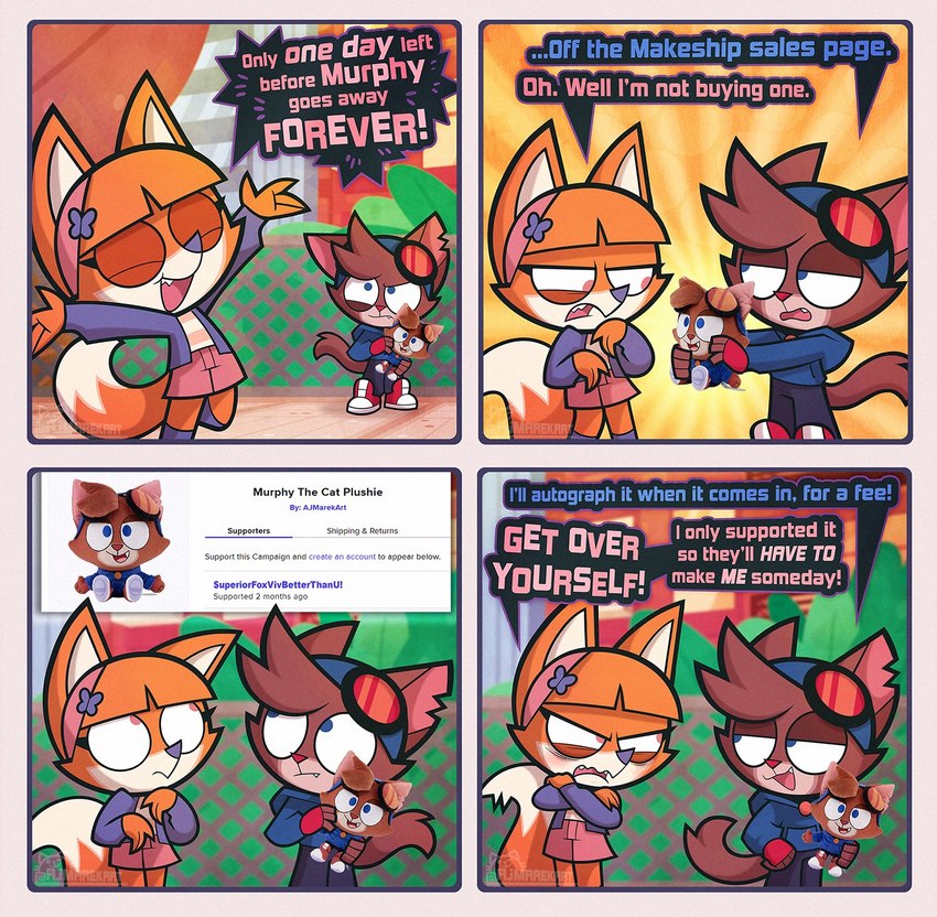 accessory anthro blush breaking_the_fourth_wall brown_body brown_fur crossed_arms dialogue dipstick_tail duo eyewear eyewear_on_head female fur goggles goggles_on_head headband male markings notched_ear orange_background orange_body orange_fur plushie simple_background smug speech_bubble tail tail_markings teasing text tsundere wavy_mouth website young young_anthro young_female young_male ajmarekart murphy_and_mitzi murphy_(ajmarekart) vivian_(ajmarekart) canid canine domestic_cat felid feline felis fox mammal 4koma comic english_text hi_res