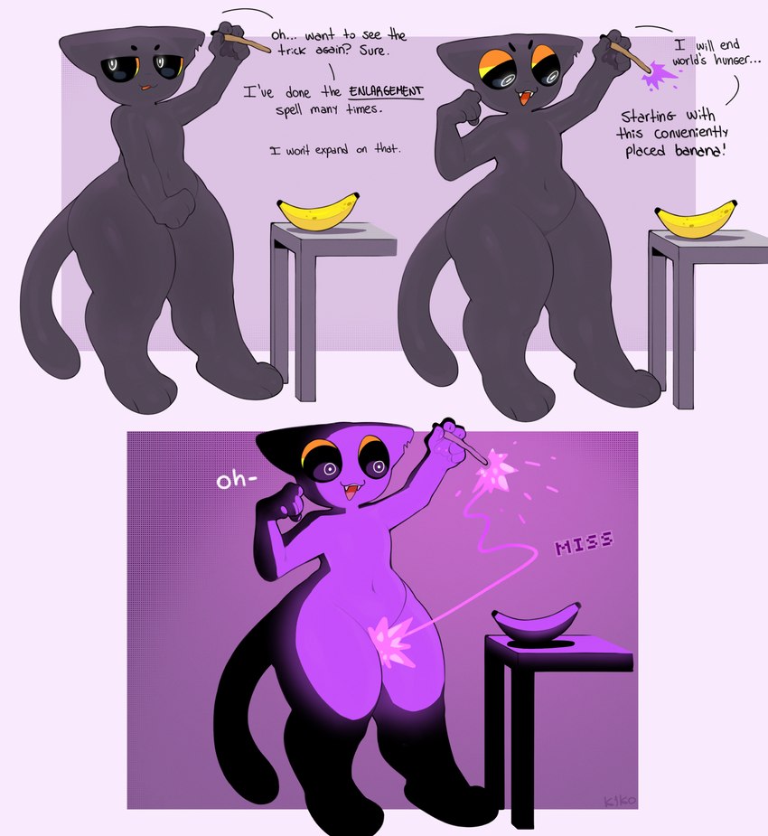 anthro banana biped black_body black_eyes dialogue fangs food fruit male navel open_mouth plant solo teeth text k1ko javi_(k1ko) domestic_cat felid feline felis mammal 2023 english_text hi_res