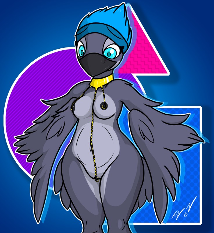 anthro areola beak black_nipples black_pussy blue_eyes breasts clitoris_to_collar feathered_wings feathers female genitals hair linked_nipples linked_piercing navel nipple_chain nipples nipples_to_collar non-mammal_breasts nude piercing pussy simple_background solo teal_eyes wide_hips wings fionthebunny julia_autio avian bird 2015 hi_res