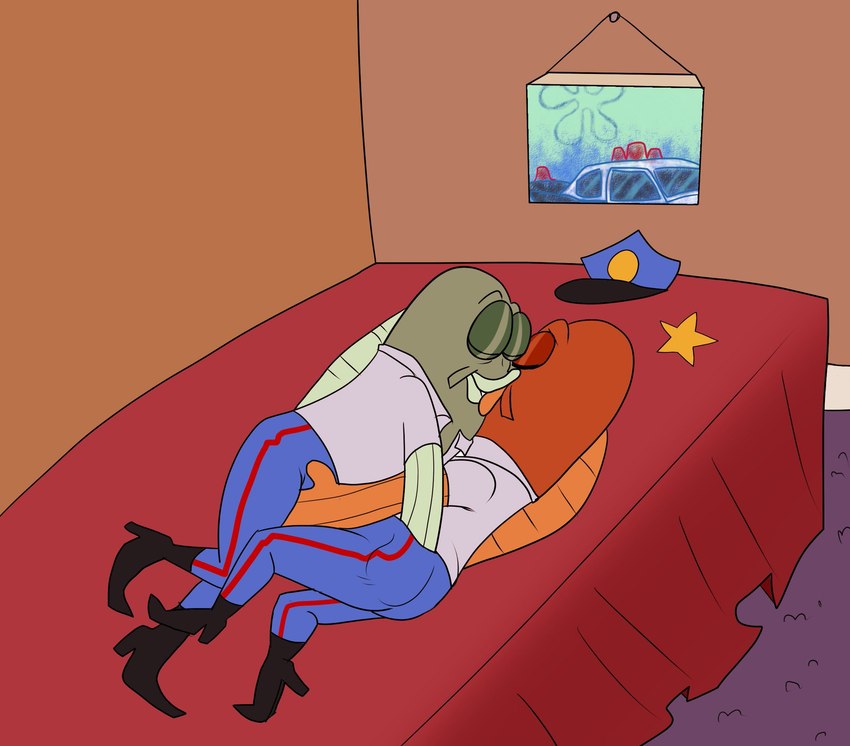 anthro bed butt butt_grab clothed clothing cop_car duo eyes_closed flower_cloud_(spongebob) furniture groping_crotch hand_on_butt hotel inside kissing male male/male what window igotdragons nickelodeon spongebob_squarepants incidental_118_(spongebob) fish marine hi_res