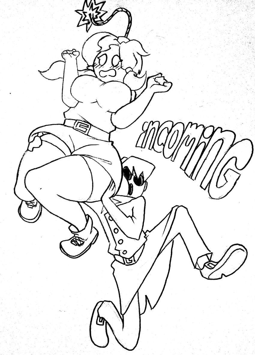 belt big_breasts breasts clothing dialogue duo female footwear hair legwear lifting_another lit_fuse male mask not_furry open_mouth pigtails robe running shocked shoes simple_background stockings text thick_thighs white_background wide_hips unknown_artist mario_bros nintendo shy-bomb bob-omb bomb_humanoid humanoid hybrid living_bomb shyguy absurd_res english_text hi_res monochrome