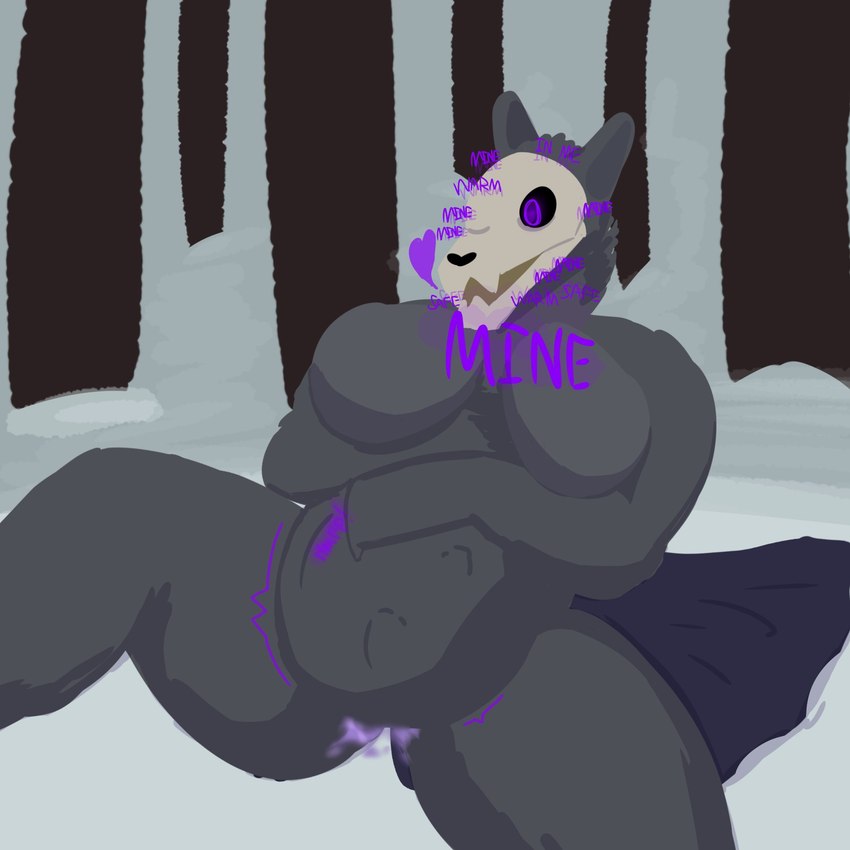 abdominal_bulge anthro bedding big_breasts blanket bodily_fluids breasts breath dialogue ears_up featureless_breasts female fully_inside fur genital_fluids grey_body grey_fur heart_eyes heart_symbol holding_belly implied_unbirth male male/female muffled_speech obsessed obsession purple_eyes repeated_dialogue simple_background snow solo struggling struggling_prey thick_thighs unbirthing vaginal vaginal_fluids vore shamelessgrimoire american_mythology indigenous_north_american_mythology mythology north_american_mythology wendigo 1:1 hi_res