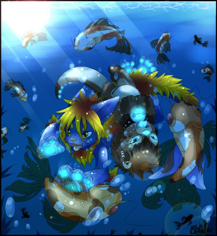 anthro border duo_focus feral group male swimming underwater water young young_anthro young_male ekihnox kazuzufur ambient_fish ambient_sealife carp cyprinid cypriniform fish mammal marine mustelid otter unknown_species nox_(disambiguation) hi_res signature