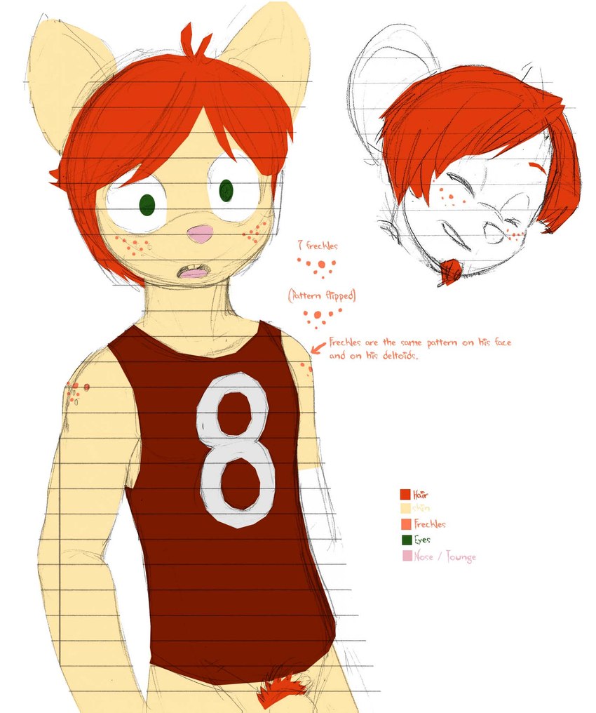 anthro bottomless clothed clothing facial_hair freckles genitals goatee green_eyes hair male notebook_paper_background penis penis_base pubes red_clothing red_hair red_pubes red_shirt red_tank_top red_topwear shirt solo tank_top text topwear paige_(artist) bill_(paige) mammal mouse murid murine rodent english_text hi_res model_sheet