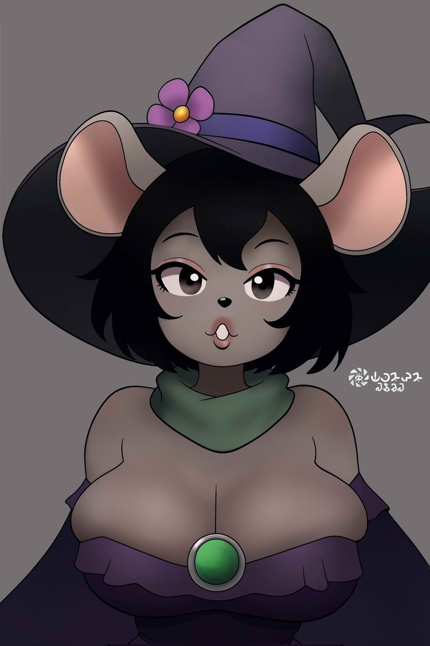 anthro big_breasts black_hair breasts cleavage clothed clothing female flower flower_accessory hair hat headgear headwear lipstick looking_at_viewer magic_user makeup plant simple_background solo witch witch_costume witch_hat pamaht9 brandy_(pamaht9) mammal murid murine rat rodent hi_res signature spanish_description