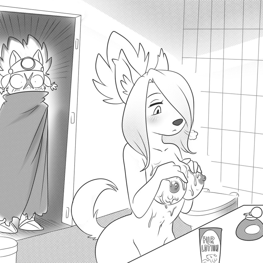 anthro bathing bathroom being_watched blush breasts duo female looking_at_another lotion lotion_bottle male navel nipples nude perfume_bottle surprised_expression toilet touching_breasts washing_breast lonbluewolf cyberconnect2 little_tail_bronx solatorobo beluga_damiens merveille_million canid canine caninu canis collie domestic_dog felid feline felineko herding_dog lynx mammal pastoral_dog sheepdog 1:1 2015 greyscale monochrome