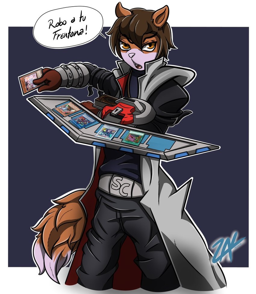 anthro bottomwear brown_body brown_eyes card clothing duel jacket male pants shirt solo tail text topwear zak_hitsuji yu-gi-oh! canid canine canis domestic_dog mammal hi_res spanish_text