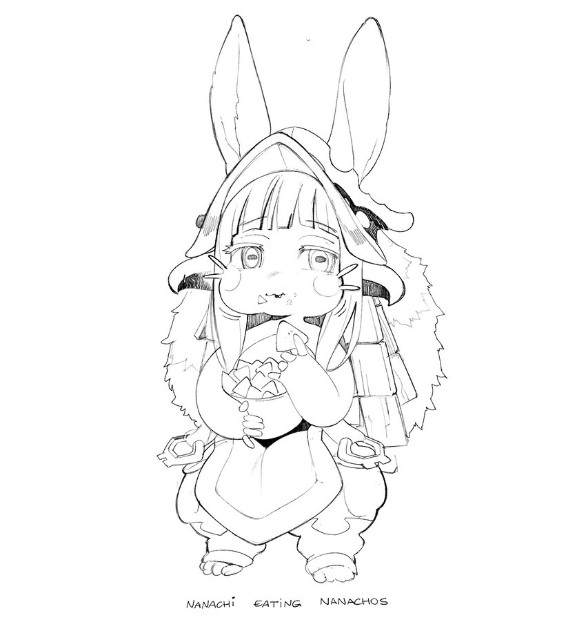 ambiguous_gender anthro clothing eating eating_food food headgear headwear horizontal_pupils mouth_full nachos open_mouth pupils simple_background solo standing text whiskers white_background conto made_in_abyss nanachi lagomorph leporid mammal narehate english_text hi_res monochrome