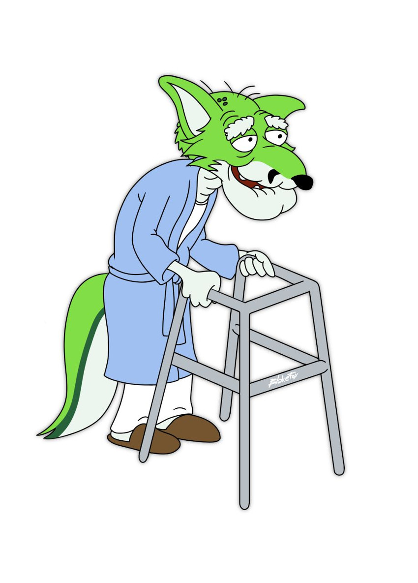 anthro black_nose clothed clothing elderly elderly_male fur green_body green_eyes green_fur hair male simple_background smile solo walker white_body white_fur blakefox family_guy fidget_the_fox herbert_the_pervert canid canine fox mammal digital_media_(artwork) hi_res signature