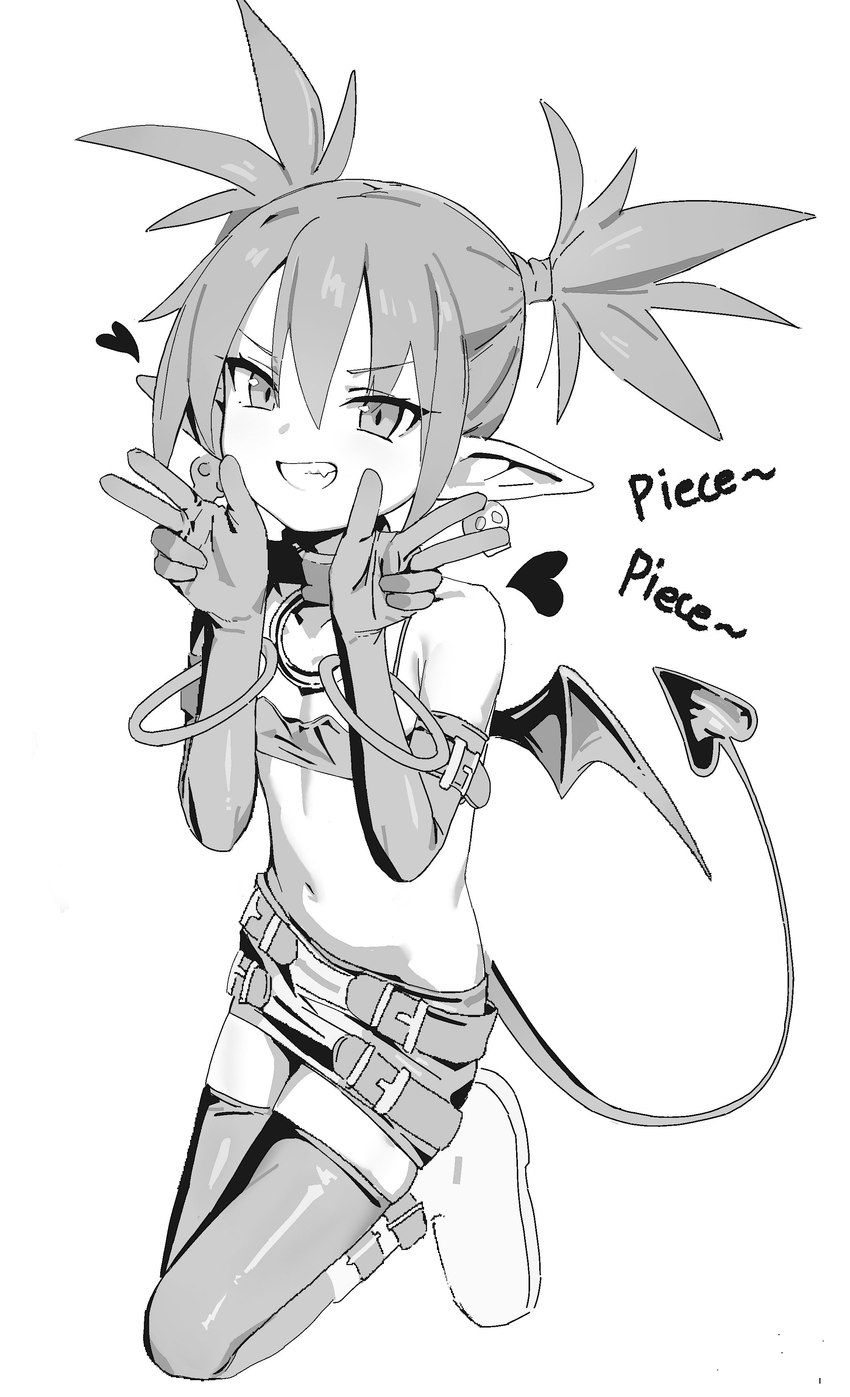 adolescent bat_wings belt bikini bikini_top bone boots bottomwear bracelet choker clothing cute_fangs ear_piercing ear_ring eyelashes fangs female flat_chested footwear gesture grin hair half-closed_eyes hand_gesture heart_symbol hotpants humanoid_pointy_ears jewelry legwear loli looking_at_viewer membrane_(anatomy) membranous_wings narrowed_eyes necklace piercing pointy_ears pointy_hair ring_piercing shoes shorts skull smile solo spade_tail swimwear tail teeth text thigh_boots thigh_highs tied_hair two-piece_swimsuit v_sign wings young young_female young_humanoid jiryu50610218 disgaea nippon_ichi_software etna_(disgaea) demon demon_humanoid humanoid absurd_res english_text hi_res monochrome