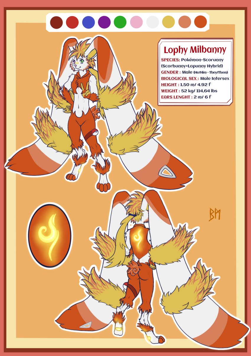 complex ear_piercing glowing hair heterochromia huge_ears intersex long_ears lophy markings multicolored_hair piercing pokeball short symbol text two_tone_hair nintendo pokemon generation_4_pokemon generation_8_pokemon hybrid lopunny pokemon_(species) scorbunny absurd_res english_text hi_res