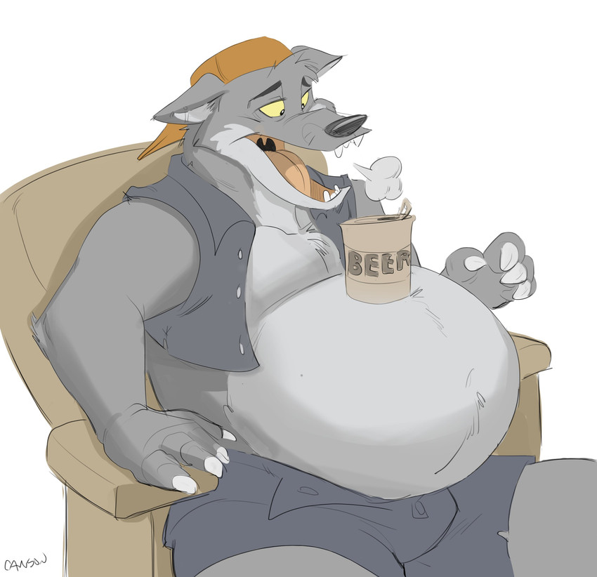 alcohol anthro beer belly beverage beverage_can big_belly bulge burping claws clothing fangs fur grey_body grey_fur hat headgear headwear male navel object_on_belly overweight overweight_anthro overweight_male shirt sitting solo teeth tongue topwear unbuttoned_shirt unzipped unzipped_pants zipper canson canid canine canis mammal wolf 2019 absurd_res hi_res