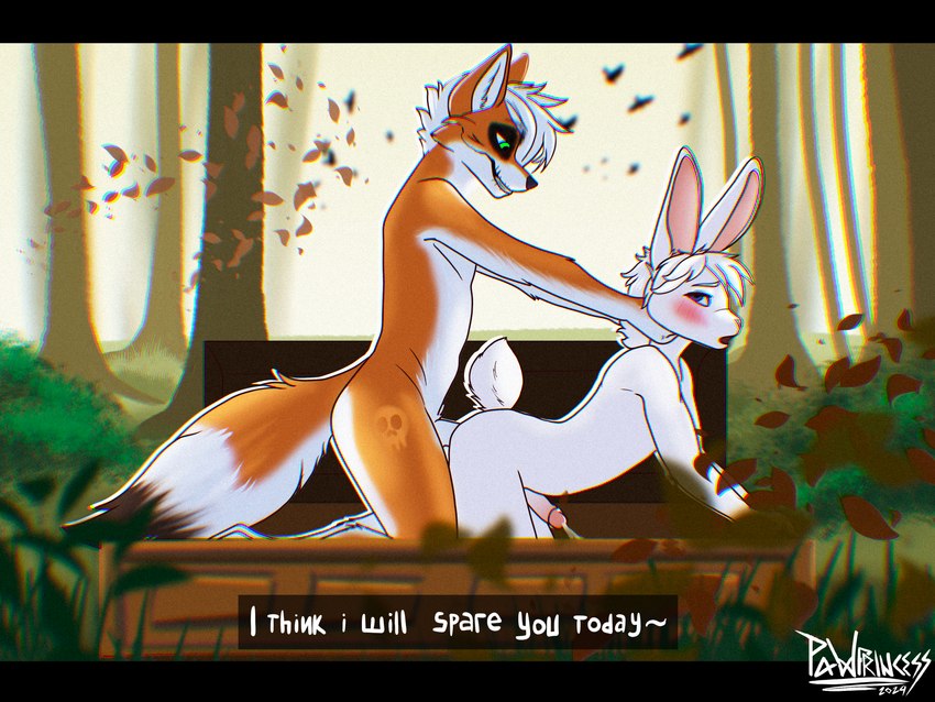 anal anthro interspecies male male/male predator/prey questionable_consent text pawprincess kinktober kinktober_2024 canid canine fox lagomorph leporid mammal rabbit true_fox 4:3 absurd_res english_text hi_res