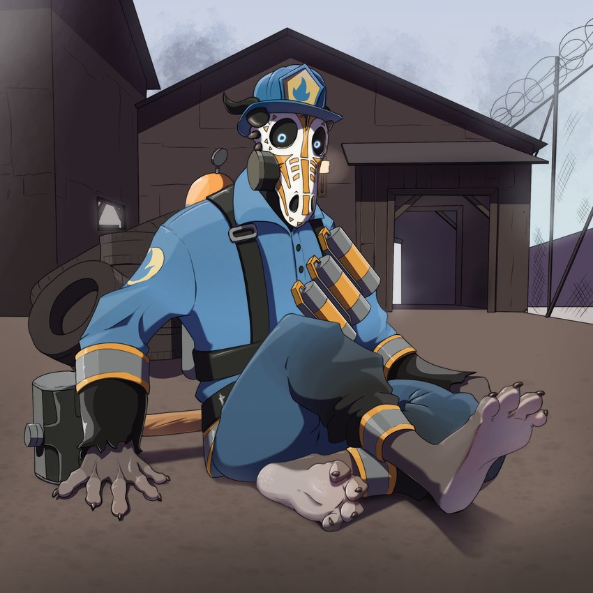 alternate_species anthro barefoot black_sclera blue_clothing claws clothing cold feet fingers firefighter foot_focus furrification hammer hat headgear headwear horn looking_at_viewer male mask nails paws presenting sledgehammer soles solo toes tools conditional_dnp orenjisalmonpaw team_fortress_2 valve pyro_(team_fortress_2) kobold scalie 1:1 absurd_res hi_res