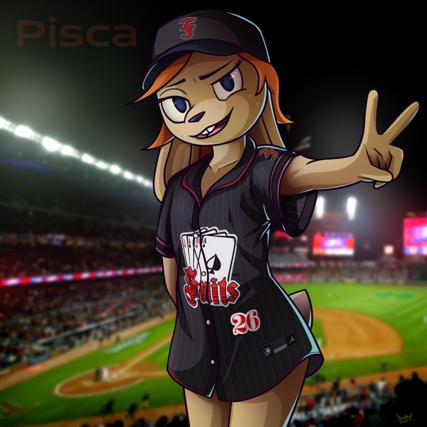 anthro baseball_cap baseball_uniform bottomless clothed clothing female flat_chested freckles gesture hand_gesture hat headgear headwear solo sportswear uniform v_sign bombay_(artist) pisca_(bombay) lagomorph leporid mammal rabbit 1:1