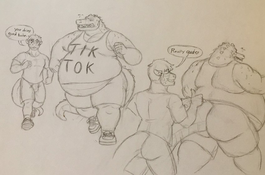 anthro athletic_wear belly big_belly bodily_fluids bottomwear butt clothing dialogue duo gesture gym_bottomwear gym_shorts hand_gesture heart_symbol jogging male male/male motion_lines overweight overweight_anthro overweight_male running_shoes shirt shorts size_difference smaller_male speech_bubble sweat tail tank_top thumbs_up topwear eon54 mythology tiktok cody_(swatthefox) jagged_(eon54) crocodile crocodilian dragon mythological_creature mythological_scalie reptile scalie hi_res traditional_media_(artwork)