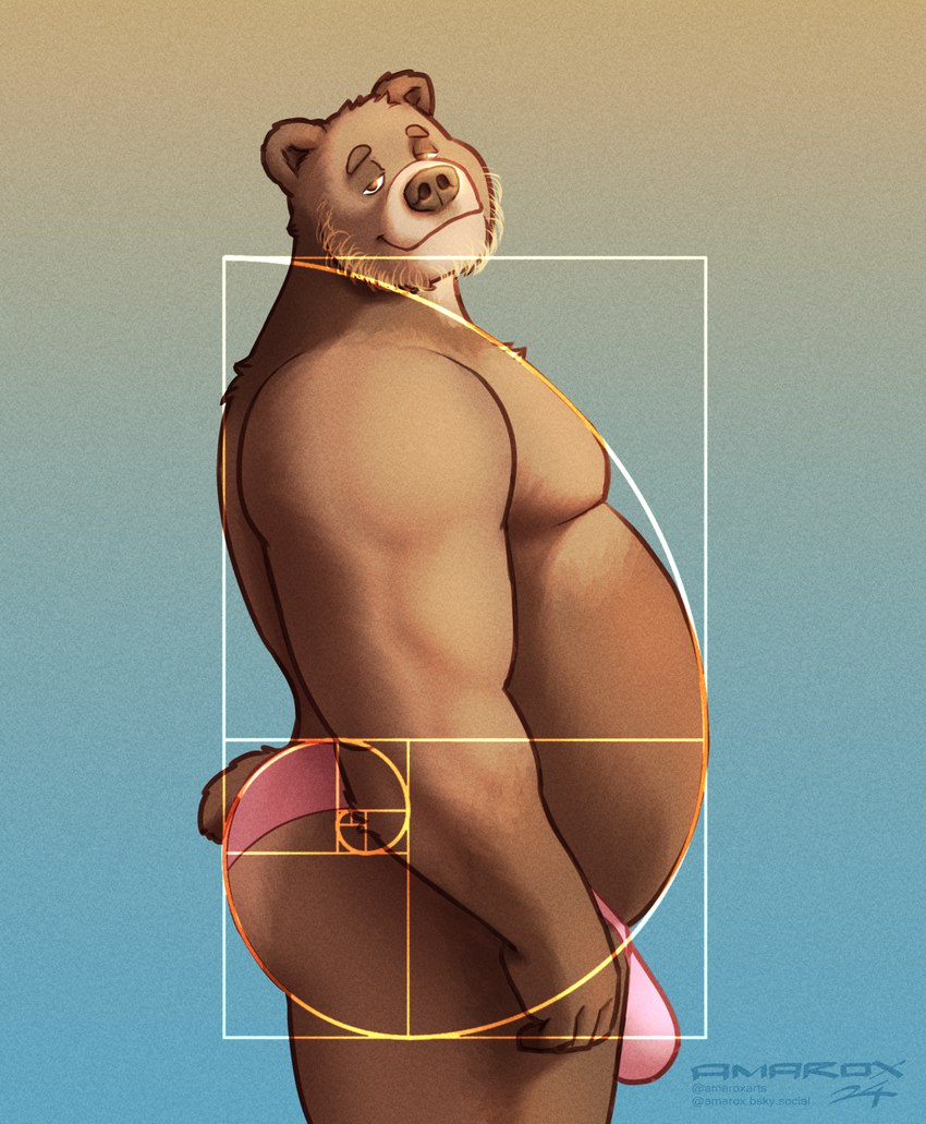 anthro beard belly big_belly butt clothing facial_hair fibonacci_spiral looking_at_viewer male musclegut muscular overweight pink_clothing pink_underwear short_tail smile solo standing tail underwear amarox ewan_(amarox) bear brown_bear grizzly_bear mammal ursine 2024 hi_res