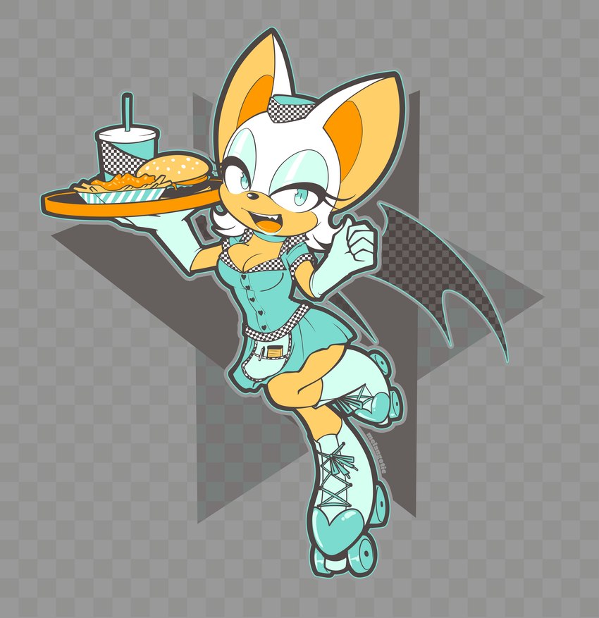 anthro beverage breasts burger carhop cleavage clothed clothing fangs female food fries gloves handwear heart_symbol looking_at_viewer open_mouth platter quad_skates roller_skates soda solo teeth waiter waitress_uniform wings y2k_(graphic_design) melangetic sega sonic_the_hedgehog_(series) rouge_the_bat bat mammal absurd_res hi_res