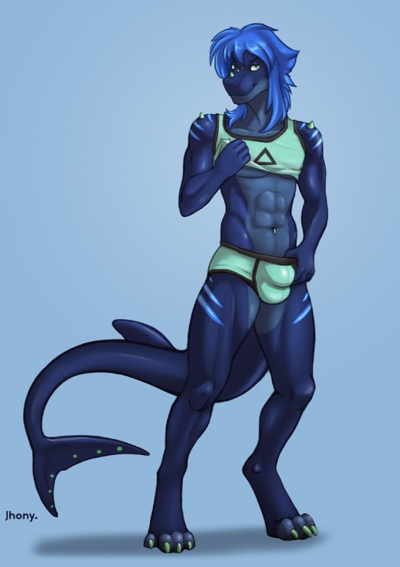 anthro bulge clothed clothing hair looking_at_viewer male simple_background smile solo underwear jhony. fish marine shark digital_media_(artwork) hi_res