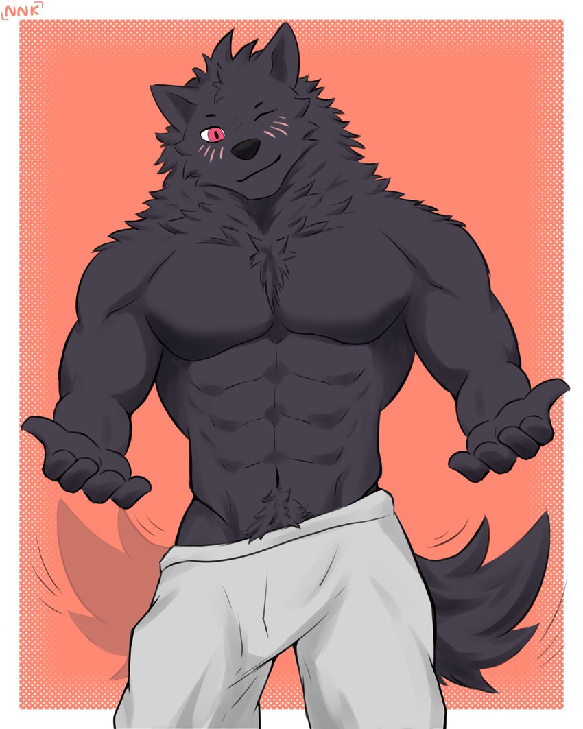 abs anthro biceps black_body black_fur blush bottomwear clothing fur hair male muscular muscular_anthro muscular_male one_eye_closed pants pecs red_eyes smile solo tail wink nnknwnn_(artist) i_think_i_like_you leon_(i_think_i_like_you) canid canine canis mammal wolf 4:5 absurd_res hi_res