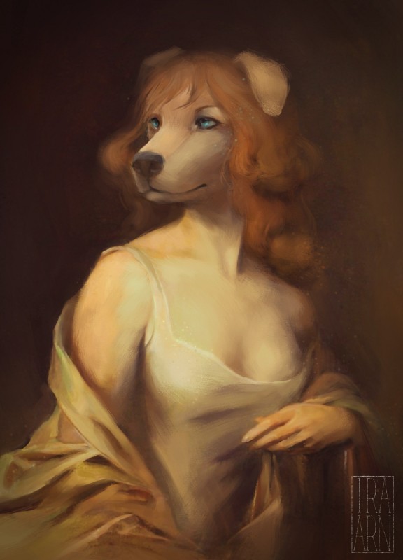 anthro black_nose blue_eyes breasts clothed clothing female floppy_ears hair looking_aside solo ira-arn aileas_(fossi3) canid canine canis domestic_dog mammal 2019 absurd_res half-length_portrait hi_res portrait