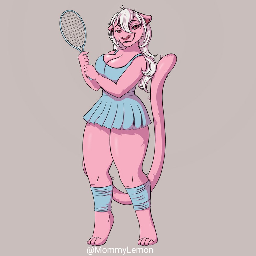 battocks blonde_hair blue_costume bottomwear butt clothing female fur hair pink_body pink_fur pink_panthera pink_skin racket skirt solo sport tennis white_hair mommylemon cougar felid feline mammal panthera 1:1 absurd_res hi_res