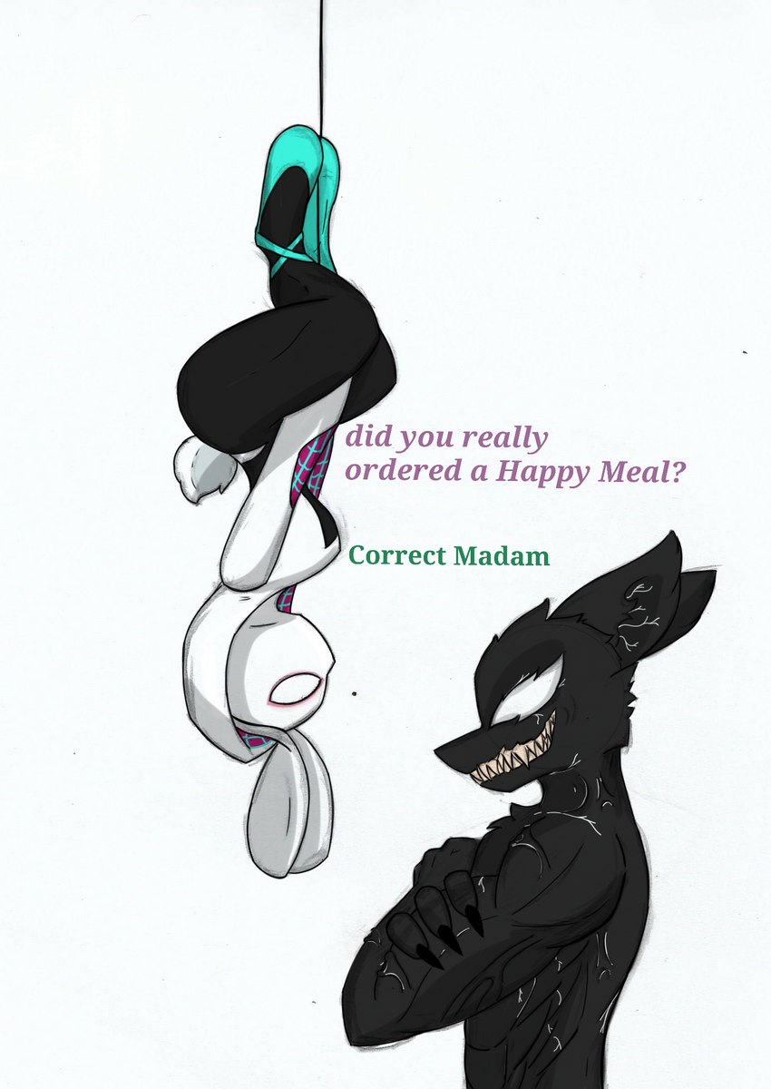 anthro clothing cosplay costume crossed_arms duo female grin male muscular smile text upside_down venom pace-maker disney marvel zootopia judy_hopps nick_wilde spider-gwen venom_(marvel) arachnid arthropod canid canine fox lagomorph leporid mammal rabbit spider symbiote crossover english_text hi_res