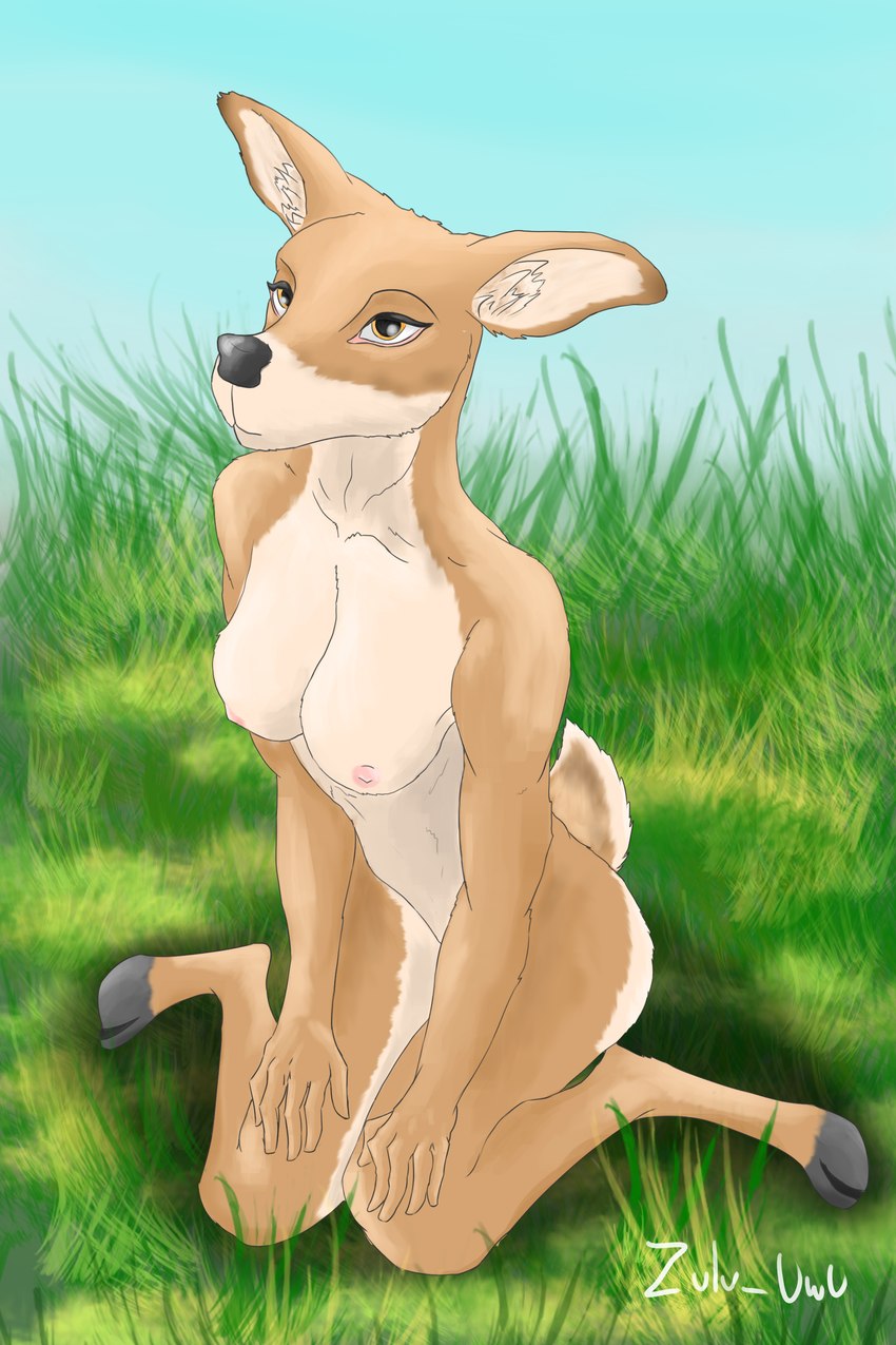 anthro cloven_hooves detailed_background female grass hooves kneeling nipples nude orange_eyes outdoor_nudity outside plant short_tail solo tail unguligrade zulu_uwu deer mammal 2:3 absurd_res hi_res